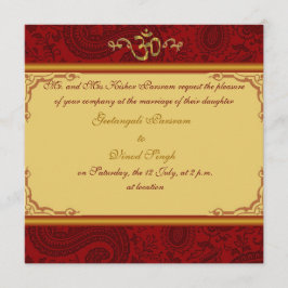 Invitación boda hindú de damasco rojo y dorado