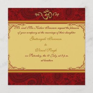 Invitación boda hindú de damasco rojo y dorado