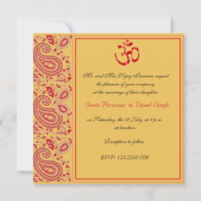 Invitación Boda hindú de Paisley del rojo y del oro (Anverso)