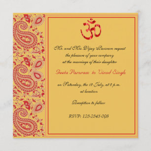 Invitación Boda hindú de Paisley del rojo y del oro