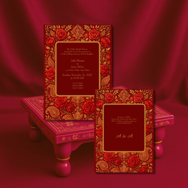 Invitación boda hindú de rosa de mango Maroon dorado Paisley  (Subido por el creador)