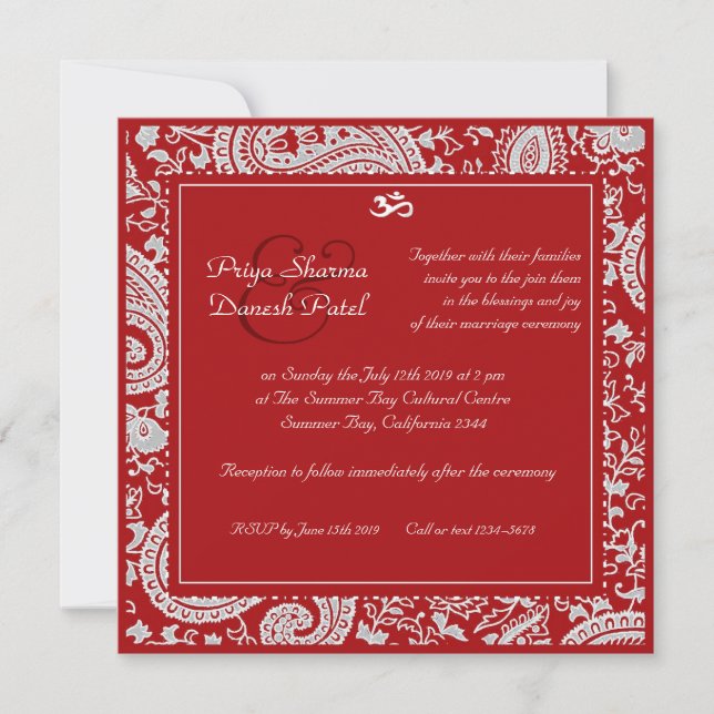 Invitación boda hindú del damasco rojo y blanco (Anverso)