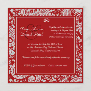 Invitación boda hindú del damasco rojo y blanco