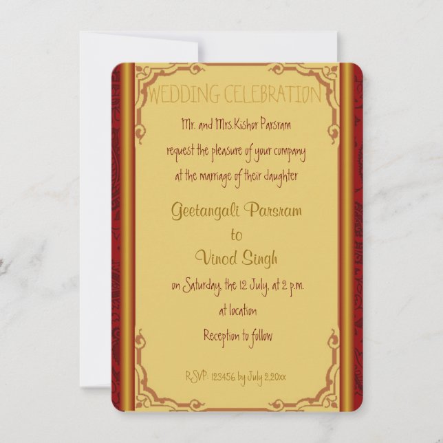Invitación boda hindú del damasco rojo y oro (Anverso)
