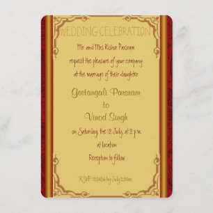 Invitación boda hindú del damasco rojo y oro