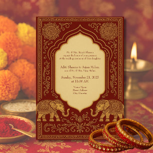 Invitación boda hindú elefante mandala ornamentado oro rojo