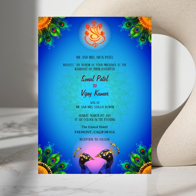 Invitación Boda hindú Ganesha Blue Peacock Pair (Subido por el creador)