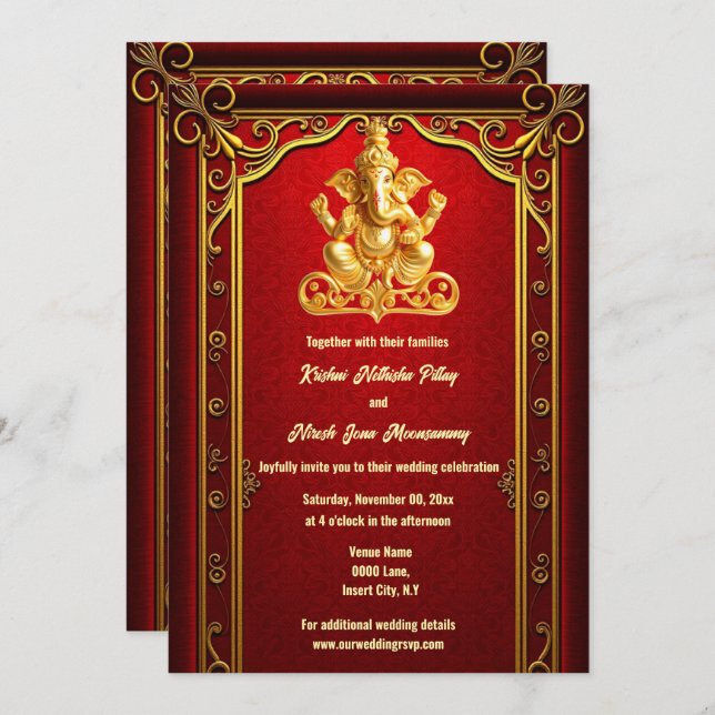 Invitación Boda hindú hindú del oro rojo ganesha (Anverso / Reverso)