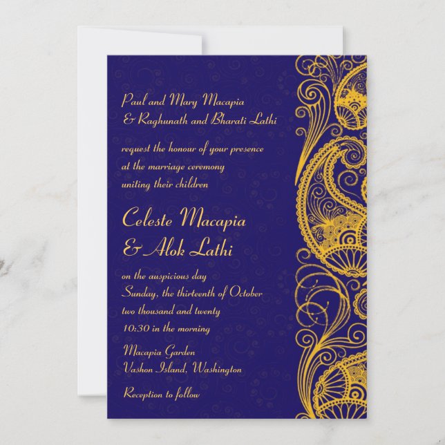 Invitación Boda hindú hindú Royal Blue Gold Paisley (Anverso)