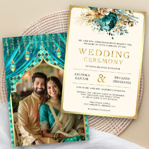 Invitación Boda Hindú India Floral Dorado Turquesa Foto
