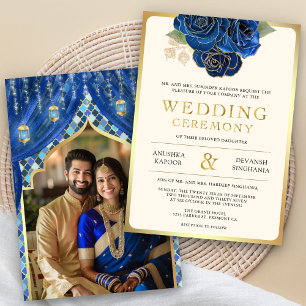Invitación Boda Hindú India Floral Oro Azul