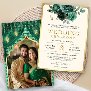 Invitación Boda Hindú India Floral Oro Esmeralda Foto