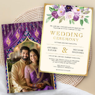Invitación Boda Hindú India Floral Oro Púrpura Foto