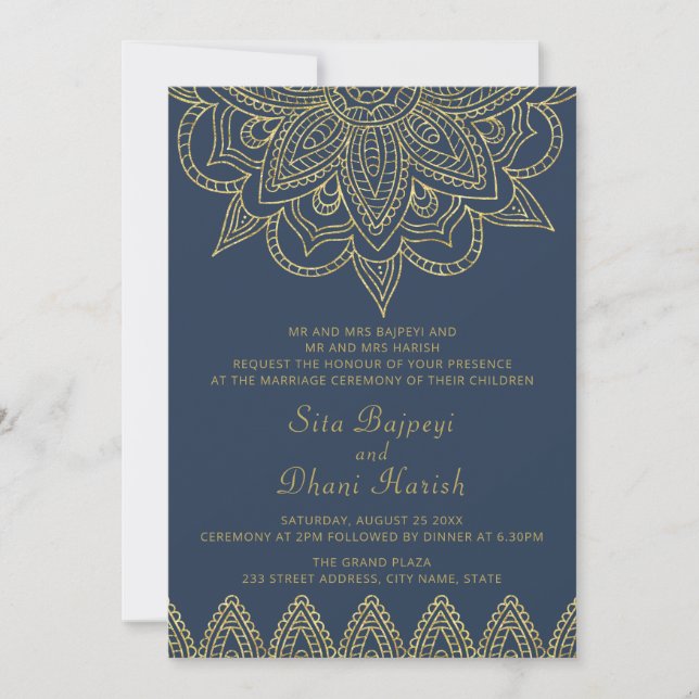 Invitación Boda hindú Mehndi de la Marina Elegante de la Indi (Anverso)