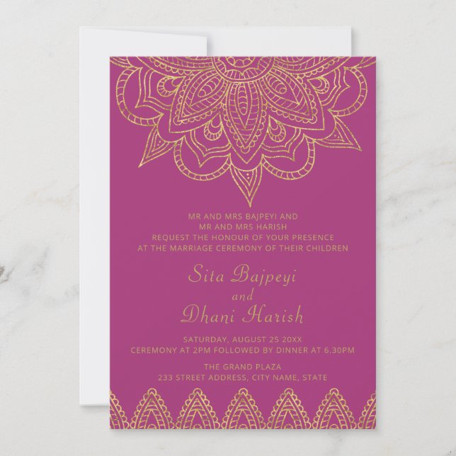 Invitación Boda hindú Mehndi de oro rosa brillante indio (Anverso)