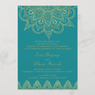 Invitación Boda hindú Mehndi del oro verde azul brillante azu