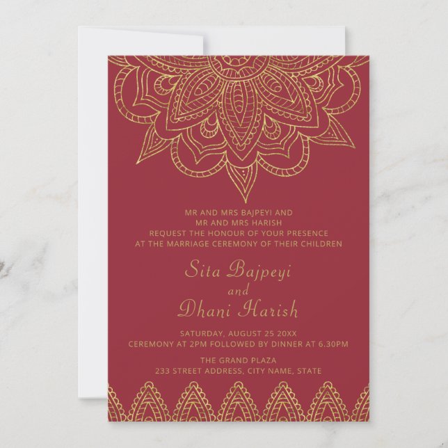 Invitación Boda hindú Mehndi, rico en oro rojo indio (Anverso)