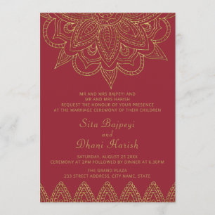 Invitación Boda hindú Mehndi, rico en oro rojo indio