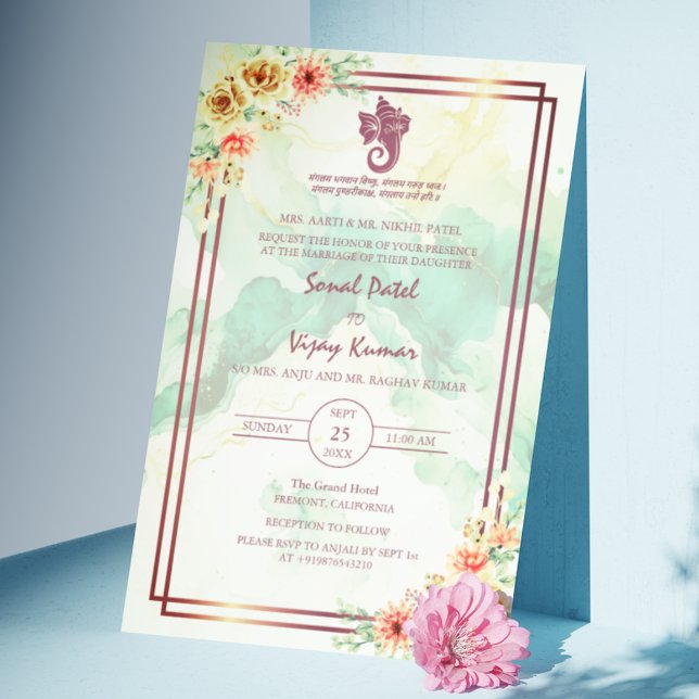Invitación Boda hindú moderno Ganesha Floral Marble (Subido por el creador)
