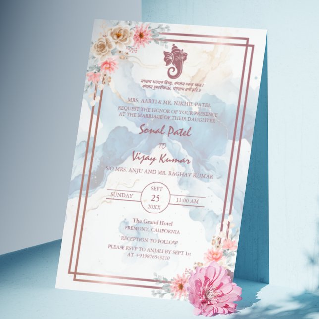 Invitación Boda hindú moderno Ganesha Floral Marble (Subido por el creador)