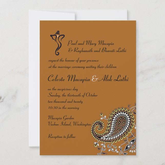 Invitación Boda hindú Paisley de la Marina Gold Silver con jo (Anverso)