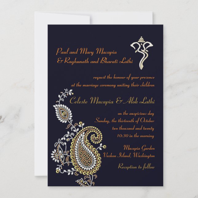 Invitación Boda hindú Paisley, dorado y gallito (Anverso)