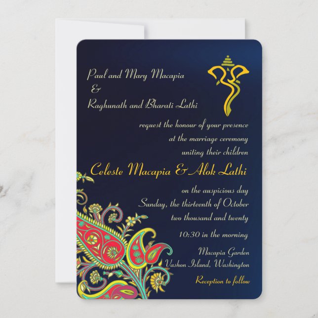 Invitación Boda hindú Paisley floral Royal Blue Ganesh (Anverso)