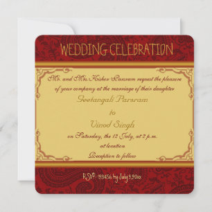 Invitación boda hindú paisley rojo y dorado
