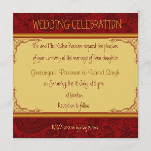 Invitación boda hindú paisley rojo y dorado