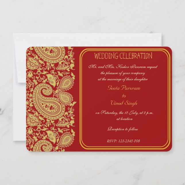 Invitación boda hindú paisley rojo y dorado (Anverso)