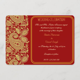 Invitación boda hindú paisley rojo y dorado