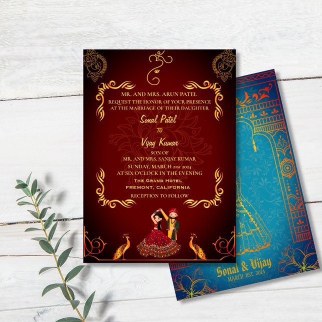 Invitación Boda hindú Royal Golden Peacock Maroon (Subido por el creador)