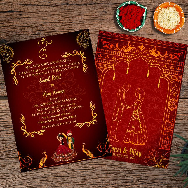 Invitación Boda hindú Royal Golden Peacock Maroon (Subido por el creador)