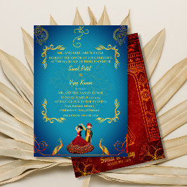 Invitación Boda hindú Royal Golden Peacock Verde azulado
