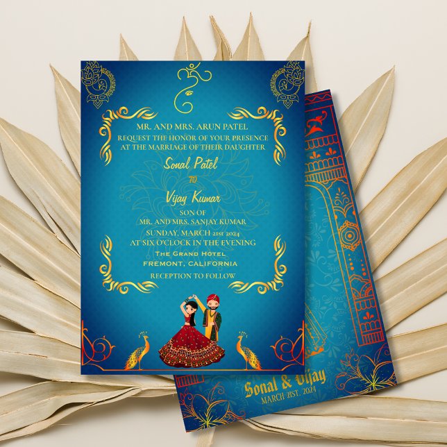 Invitación Boda hindú Royal Golden Peacock Verde azulado (Subido por el creador)