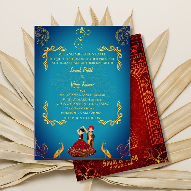 Invitación Boda hindú Royal Golden Peacock Verde azulado (Subido por el creador)
