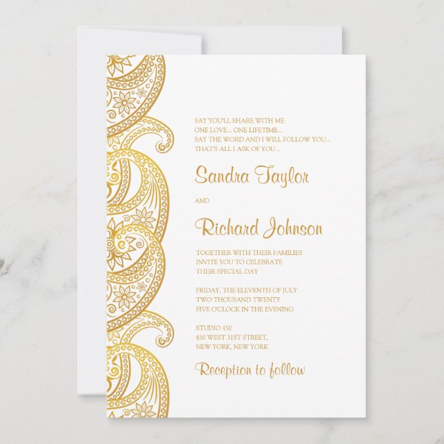 Invitación Boda hindú tradicional Gold Paisley (Anverso)