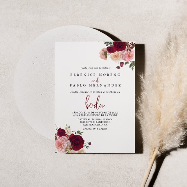 Invitación Boda hispano floral de Rubor rosa de Borgoña (Subido por el creador)