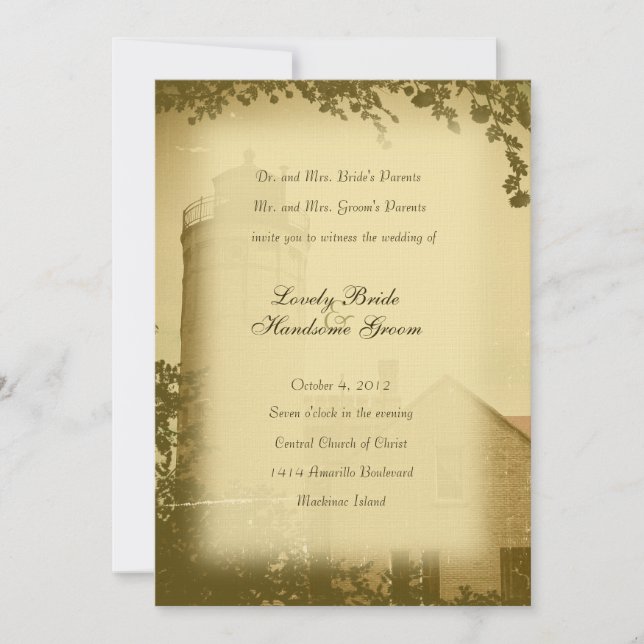 Invitación Boda histórica de la ciudad de Mackinaw del faro (Anverso)