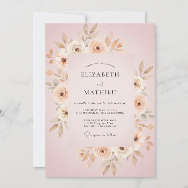 Invitación Boda Hoja Beige Rosa (Anverso)