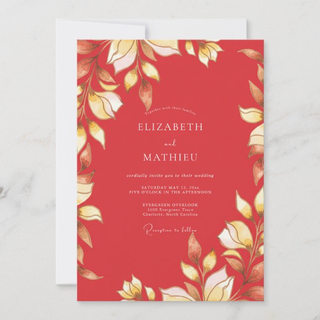 Invitación Boda Hoja de Oro Carmesí (Anverso)