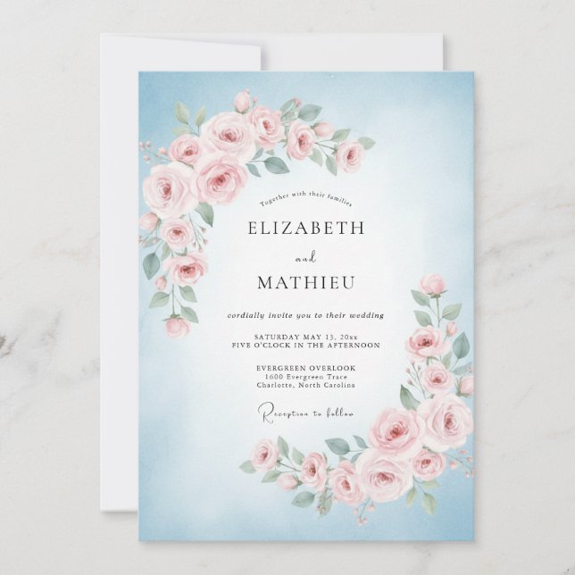 Invitación Boda Hoja Rosa Cielo (Anverso)