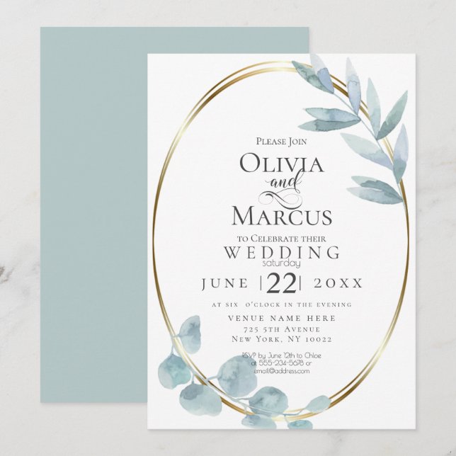 Invitación Boda | Hojas de eucalipto de color azul turbio (Anverso / Reverso)