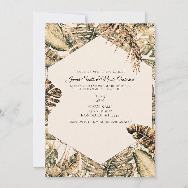 Invitación Boda Hojas de Palma Tropical Brillante Bronce Dora (Anverso)