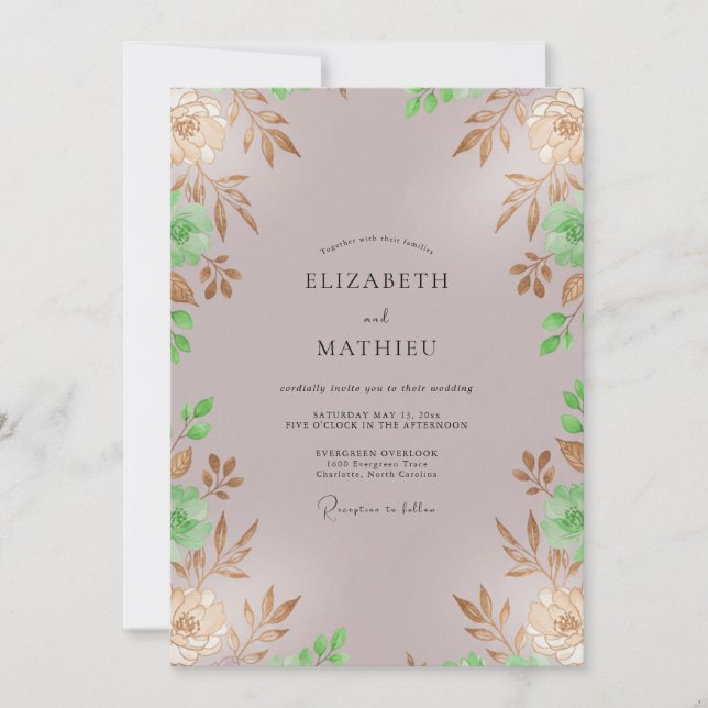Invitación Boda Hojas Follaje Oro Malva (Anverso)