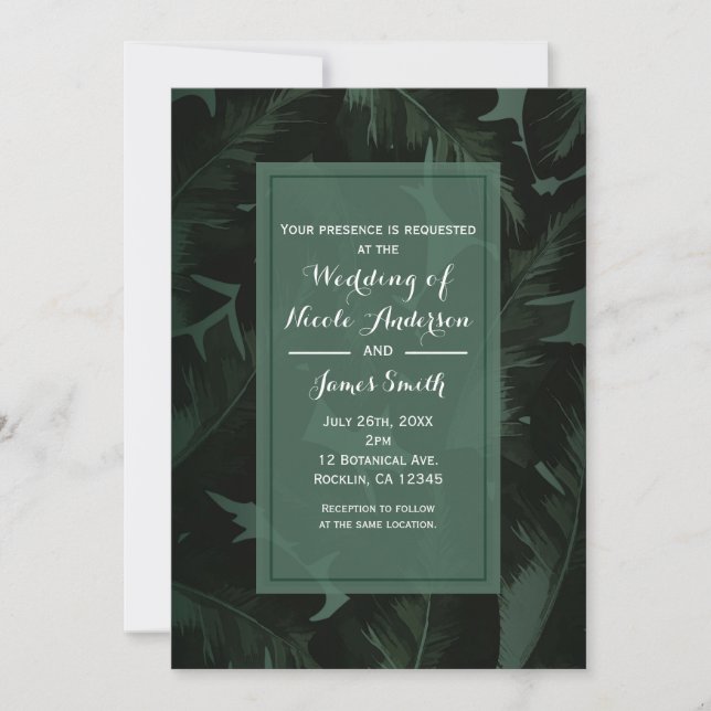 Invitación Boda hojas tropicales chic verde y negro (Anverso)