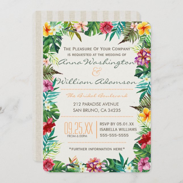 Invitación Boda| Hojas tropicales, harina y piña de abeto (Anverso / Reverso)