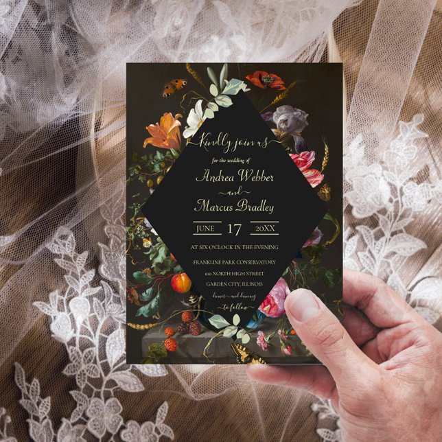 Invitación Boda holandés de diamantes negros con vida fija fl (Subido por el creador)