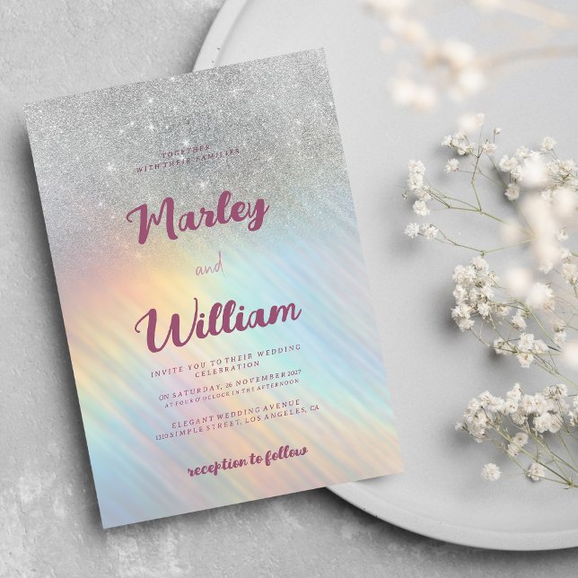 Invitación Boda holográfico del arco iris purpurina plateado (Silver glitter rainbow holographic )