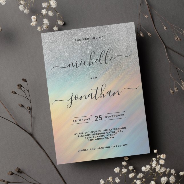 Invitación Boda holográfico del arcoiris Purpurina plateado (Silver Glitter Rainbow Holographic Wedding Invitation )